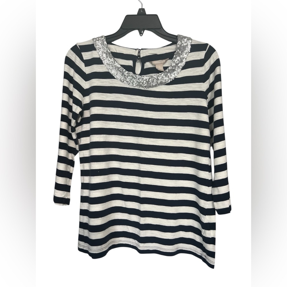 Banana Republic Women's 3/4 Sleeve Navy/White Striped Sequin Collar Top size M